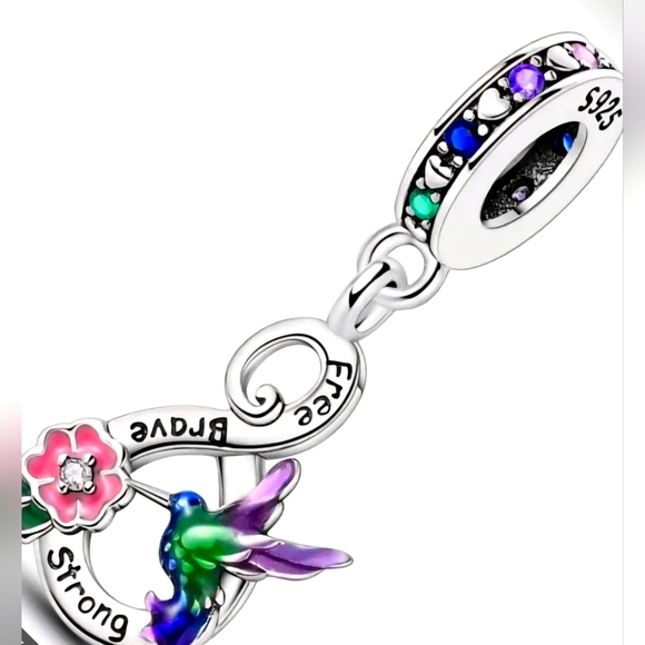 925 Sterling Silvery Hummingbird And Infinity Charm with Pink and Purple Accents - Picture 2 of 4